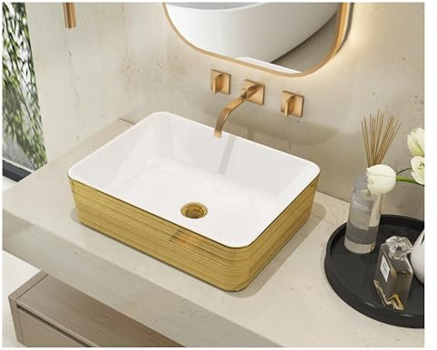 MEJE 19 Luxury Gold Stripes Rectangle Bathroom Vessel Sink, Above Counter Countertop Vanity Sink,Porcelain Ceramic Art Basin,Wash Basin for Lavatory Vanity Cabinet