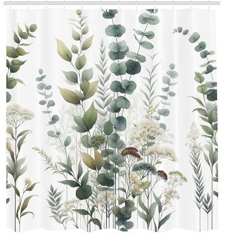 ABAKUHAUS Grön duschdraperi, blad atmosfär av eukalyptus och vårblommor boho modern djungel, tygtyg med krokar, 175 x 200 cm, blek havsmousse skifferbrun