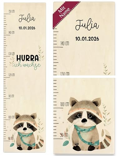 Messlatte Kind Holz - Hurra ich wachse Waschbär mit Name und Datum Kindermesslatte I Babymesslatte Jungen I Mädchen - 90-150 cm - Holz - kinder für waschbar kinderzimmer baby