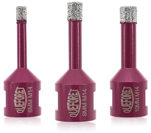 QUEFORET Brocas de Diamante 6/8/10mm x M14-3 Piezas Corona para Porcelánico Azulejos Cerámica Mármol Granito para Amoladora Angular