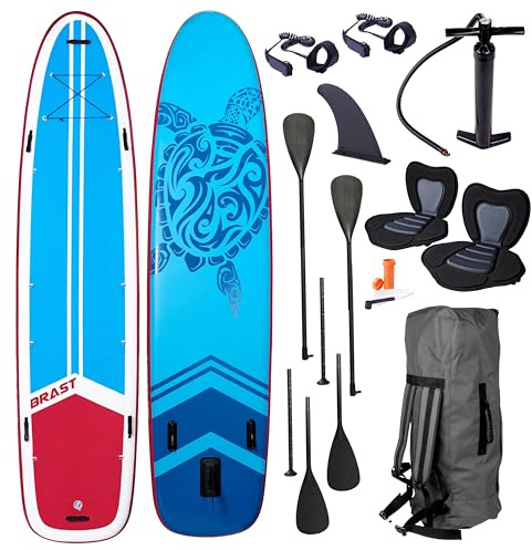 BRAST® SUP Board Family | Aufblasbares Stand up Paddle Set XXL | 370x87x15cm bis 210kg | 7 Designs | inkl. Zubehör 2X Kajak-Sitz 2X Fußschlaufe 2X Paddel Pumpe Rucksack | Turtle