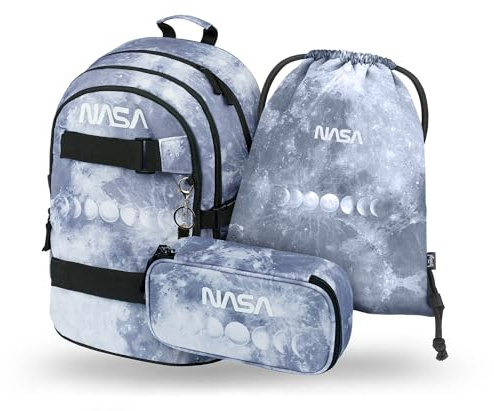 Baagl skolryggsäck set pojkar flickor 3 delar, skolväska från 3 år. Klasse, grundskola skolväska med bröstbälte, ergonomisk skolväska (Wednesday Nevermore), Nasa Grey, 25 Liter, Skolryggsäck set