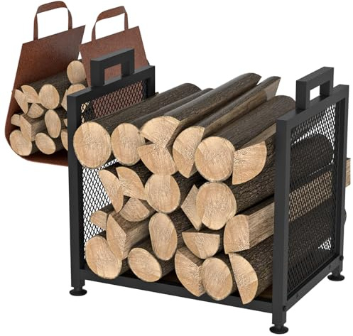 VyGrow Brennholzregal für drinnen und draußen, robuster Brennholzregalhalter, 17,32 Zoll Metall-Holzlagerholzhalter mit Lederträger, kleiner Brennholzständer für Kamin, Terrasse, Deck, schwarz