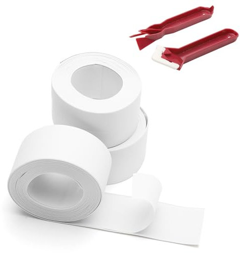 VOSSOT 3 Rollos de Cinta de Sellado Autoadhesiva Con 2 Herramientas, Tiras de PVC, Adhesivo Impermeable Para Juntas de Ducha, Listones Blandos (38