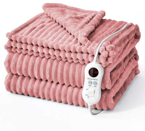 Bwarm Electric Blanket Soft Ribbed Flannel Heated Blanket Heated Throw Fast Heating with 9 Heating Levels 1-12 Hours Auto-Off seting rose(120x160 cm)