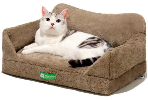 MEWOOFUN Katzensofa, Katzenbett für Hauskatzen, Kätzchenbett, Haustiersofa mit abnehmbarem, waschbarem Bezug und Rutschfester Unterseite für kleine Hunde (Braun, S)