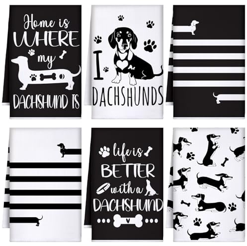 TecUnite 6 Pcs Dachshund Kitchen Towels Set Funny Long Dog Dishtowels Cute Dachshund Absorbent Decorative Hand Tea Towels for Cleaning Drying Women Mom Dog Lovers Housewarming Gifts Decor