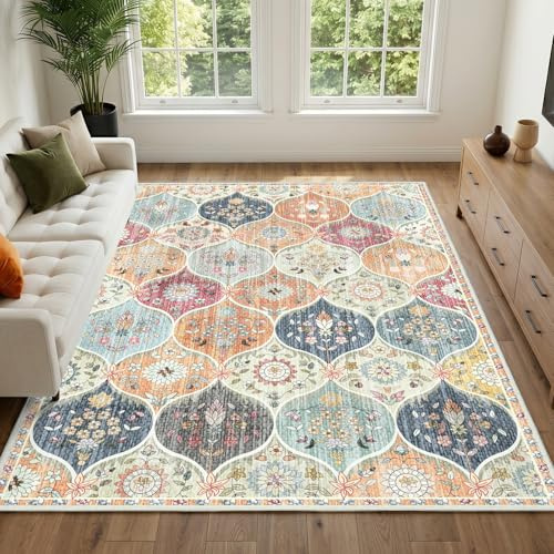 IKALIFE Orange Washable Rug, 160 x 230 cm Non Slip Low Pile Area Rug | Soft texture, Non-shedding, Easy care, Suitable for living rooms, dining rooms, bedrooms, family rooms