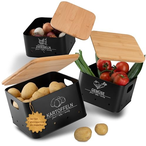 MNK_solution Kartoffel Aufbewahrungsbox Küche – 3er Set – Gemüse länger frisch – Vorratsbehälter für Kartoffel, Zwiebel & Gemüse – stapelbare Aufbewahrungsboxen mit Bambusdeckel – modern Schwarz