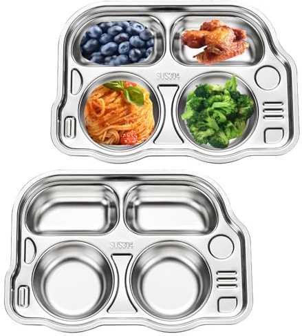 Yanhalo 2-pack uppdelad tallrik, 4 sektioner 304 rostfritt stål uppdelad middagsbricka för vuxna, barn, husbilar, bussform uppdelat fat för lunch, portionskontroll, camping, BPA-fri