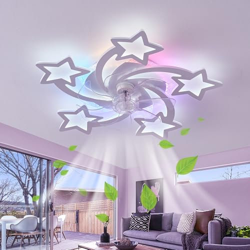Moderno ventilatore da soffitto RGB con telecomando, motore CC silenzioso a 6 velocità, luci LED dimmerabili, design reversibile per camera da letto e soggiorno, elegante design floreale bianco.