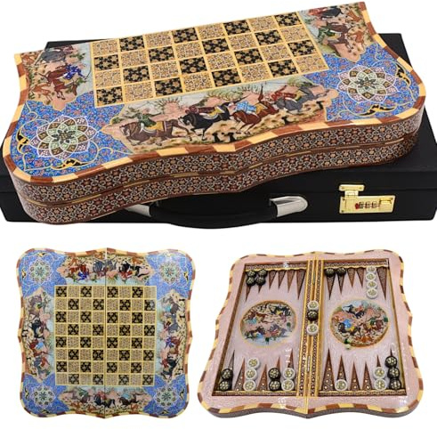 Backgammon | Schachbrett | Koffer | Holz | Handgefertigt | Handbemalt | Intarsienarbeit | Jagdmuster | 50 * 50 * 7.5 cm | Inklusive Koffer, Würfel & Steine | BGZW312A05