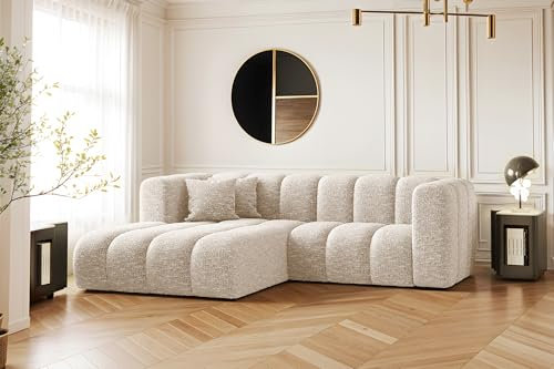 Kaiser Möbel - Ecksofa mit Wohnlandschaft, Eckcouch L Form, Polstersofa, Bequemes Couch mit Ottomane für Wohnzimmer, Relaxsofa, Chenille Gewebe, 2 Zierkissen, Lounge-Set L-Form, Grand, Ecru, Links