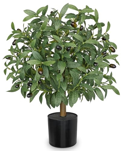 Hollyone Planta artificial decorativa de olivo, 60 cm, planta de plástico en maceta, plantas artificiales como real, árbol topiario artificial con ramas de olivo y frutas para puerta de casa, salón