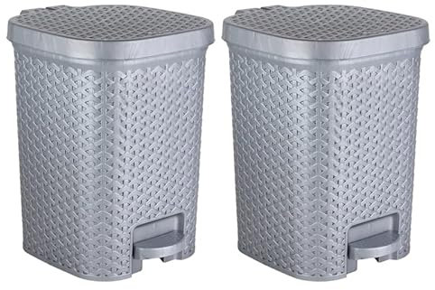 TENLITE 𝗗𝗼𝘂𝗯𝗹𝗲 𝗣𝗮𝗰𝗸 7L Rattan-Style Grey Colour Pedal Bins – Compact Square Plastic Waste Bins with Hands-Free Foot Pedal, Hinged Lid & Inner Bucket – Perfect for Bathroom, Kitchen & Office