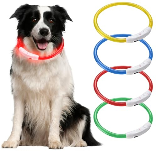 Leuchthalsband Hund, LED Hundehalsband, Leuchtend Wasserdicht, Längenverstellbarer Haustier Sicherheit Kragen, LED Halsband für Kleine, Mittlere und Große Hunde, 4 Farben