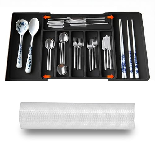 KATLKIU Lådförvaring bestickbricka set: justerbar låda bestickspår 38 x 34 x 5 cm + gratis EVA-lådmatta, kökslåda, bestickhållare för skedar, gafflar och knivar