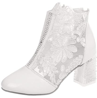 Xbemkste Ankle Boots Women's Short Shaft Boots Elegant Lace Flowers High Heels Mesh Rhinestone Evening Party Bridal Shoes Wedding Shoes Chic Ankle Boots, White, 5 UK