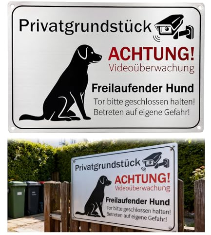 Freilaufender Hund Schild, 30 x 20 cm Rechteckiges Aluminium-Schild mit Videoüberwachung Hinweis und Auffälligem Hundemotiv, Wetterfest für Außenbereich Zaun Tür Wand
