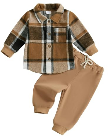 BeliBacca Toddler Boy Fall Winter Outfits Long Sleeve Button Down Plaid Flannel Shirt Solid Color Jogger Pants Set 2pcs Baby Boy Tracksuits Set (Brown, 12-18 Months)