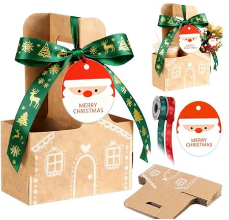 Gingerbread Drink Holder,Christmas Gifts Drink Carrier with Handle for Teachers with Handle 2 Cup,Flower Paper Boxes Gingerbread House Gift Bags with Greeting Cards Elk Trim Ribbon Thank You (3PC)