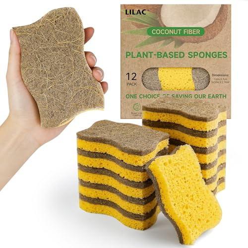 LILAC 12 Pack Natural Cellulose Sponges for Dishes - Non-Scratch Kitchen Scrub Sponges - 100% Biodegradable & Eco-Friendly Cleaning Sponges for Non-Stick Cookware, Bathroom & Household (Yellow)