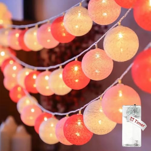 Koboko Lichterkette Baumwollkugeln,1,5M 10 LED Lichterkette Kugeln mit Timer,3cm Baumwollkugeln Lichterketten Innen,Rot Cotton Balls Lichterketten Batterie für Kinderzimmer,Weihnachten,Hochzeit