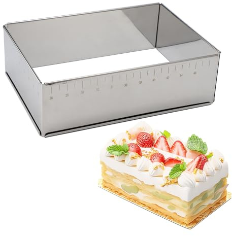 Backrahmen rechteckig verstellbar, Edelstahl Backform rechteckig, mit Skalenmarkierungen und verstellbarer Größe, Zerlegbar Tortenrahmen für Mousses, Dessertcreme, Kuchen, Torten, Pizza Backen