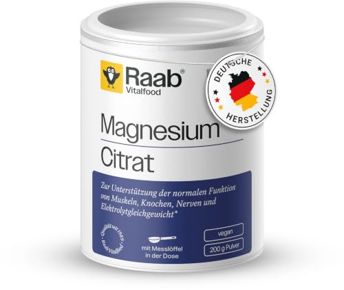 Raab Vitalfood Reines Magnesiumcitrat Pulver (200g) I Vegan, laborgeprüft, gut zu dosieren I Zur Unterstützung von Muskeln, Knochen Nerven & Elektrolyt-Haushalt I Ideal für Sportler