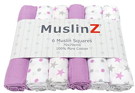 6-pack muslindukar för bebisen från MuslinZ, rapduk, dregelduk, amningsskydd, 70 x 70 cm, ren bomull, absorberande och ventilerande (lila stjärnor)
