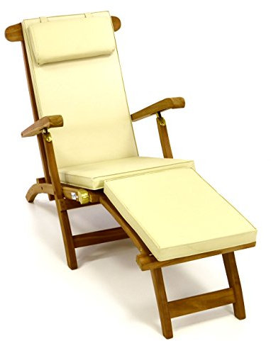 Divero eleganter Deckchair Florentine Liegestuhl Steamer Chair Teakholz behandelt inkl. Liegenauflage mit Kopfteil Creme Sonnen-Liege Relax-Liege