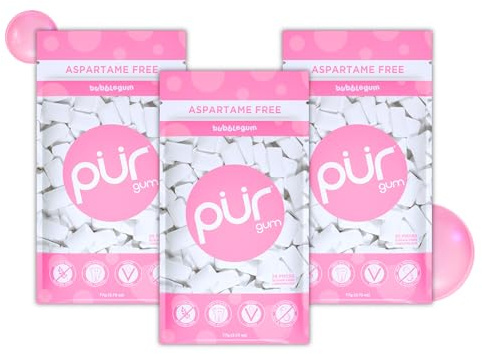 PUR Gum | Gomma Da Masticare Senza Zucchero | Con Xilitolo | Vegana, Senza Aspartame e Senza Glutine | Gomma Naturale Al Sapore Di Bubblegum, 55 Pezzi (Confezione da 3)