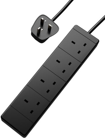 rhinocables 13A 4 Gang Socket Cable (10m, Black) | UK Plug Extension Lead for TVs, Computers & Sound Systems, BS1363/A Tested 230V Wire, Black