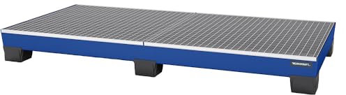 eurokraft | Stahl-Auffangwanne mit Kunststoff-Füßen | LxBxH 2460 x 1210 x 260 mm | blau | mit Gitterrost