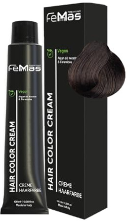 FemMas teinture pour cheveux Châtaigne fraîche 4.91 I Crème colorante professionnelle à l'huile d'argan, kératine et céramides I Coloration permanente ou teinture pour des résultats durables I 100 ml