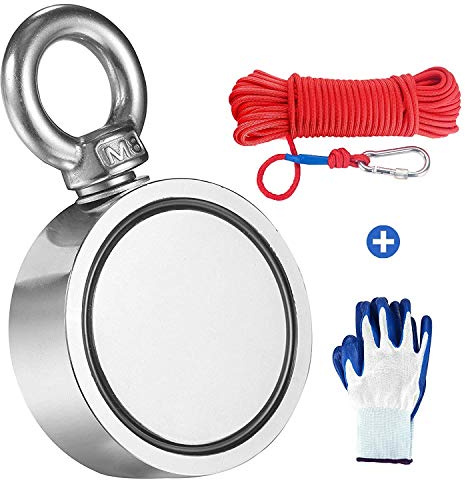 MEIXI 300KG Haftkraft Doppelseitig Neodym Ösenmagnet mit Seil (20M/66ft) und einem Paar Handschuhen, Super Stark Magnete Perfekt zum Magnetfischen Magnet Angel Ø60mm mit Öse Neodymium Topfmagnet