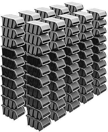 Stapelboxen Set – 100x Stapelbox mit Deckel 195x120x90 mm – Sichtbox Stapelbox Lagerbox, Schwarz