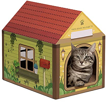 SEKAM Katzenhaus aus Karton mit Kratzer/Katzenminze, 41,5 cm L x 30,5 cm B x 38,1 cm H, Waldhütte, personalisierter Namensraum für Hauskatzen
