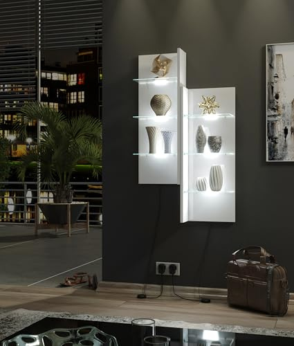 Furneo Clifton 09 – White Floating Display Cabinet, High Gloss & Matt Finish, Wall Unit Shelf with White LED Lights