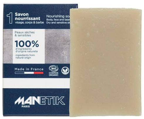 MANETIK | Savon Nourrissant - Visage, Corps & Barbe - Peaux Sèches et Sensibles - Baobab, Ricin, Karité et Coco - Fabriqué en France