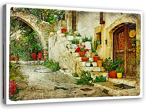 Feeby Vlies Leinwandbild XXL Balkone Fenster Blumentöpfe Toskana Italien 120x80 cm Wandbild Kunst Bilder Schlafzimmer Deko Wohnzimmer Türen Straßen Gemeinde Blumen Grün