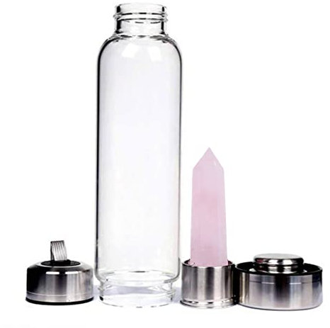 Crystal Water Bottle, Real Natural Crystal Quartz Glass Water Bottle, Healing Natural Quartz Water Durable, Portable Leak Proof Gemstone Bottle 550ml (Rose quartz)
