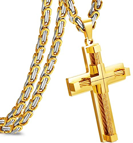 Roheafer Kreuz Kette Herren, 316L Edelstahl Kreuz Anhänger, Gold, Silber, Schwarz Byzantinische Kette Halskette für Herren Jungs 61cm