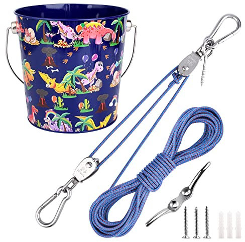 FUCNEN Flaschenzug Kinder Spielturm Zubehör Gartenspielzeug für Draußen Flaschenzug mit Metalleimer Baumhaus Zubehör Seilzugsystem mit Eimer Seil Kit für Jungen & Mädchen Ab 3