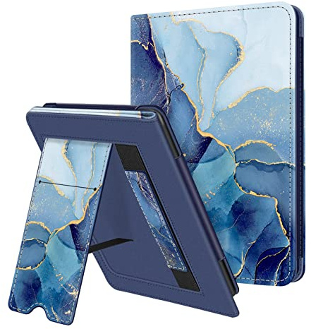 FINTIE Étui pour 6 Kindle (11e Génération, Modèle 2024/2022), Coque Fixation à Béquille Housse avec Fente pour Carte et Dragonne, Veille/Réveil Automatique, Marbre Océan