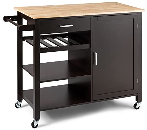 COSTWAY Carrello da Cucina con Ruote, Credenza Cucina con Cassetto Portabottiglie e Portasciugamani, Carrello Servizio in Legno, 100x48x90 cm (Marrone)
