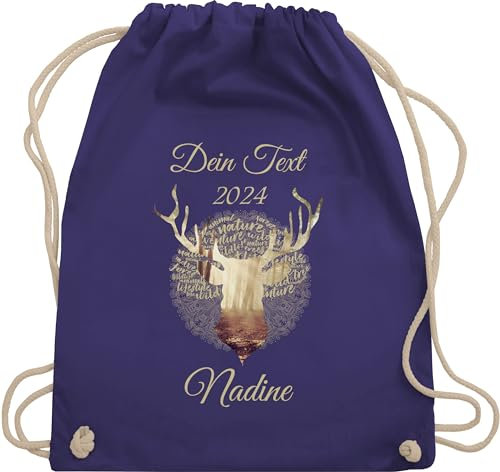 Turnbeutel Rucksack - Kompatibel Oktoberfest - Tag Cloud - Hirsch und Name in Gold - Unisize - Lila - oktoberfest-tasche trachten personalisierte beutel trachtenrucksack bayrisch goldenem tasche