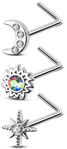 CM Crareesi Mania 3PCS Moon Nose Studs 20Gauge Nose Ring L Shaped Sun Nose Nostril Piercing Jewellery Men Women Body Piercing Jewellery