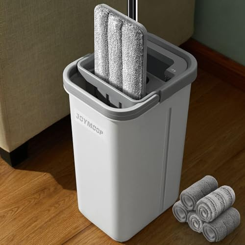 JOYMOOP Juego de fregona y Cubo con escurridor, fregona Plana Manos Libres y Cubo, con 5 Almohadillas de Microfibra Lavables, Uso en húmedo y seco, Sistema de Limpieza de Suelos