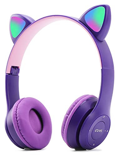 VACANON Cuffie per bambini, senza fili, con orecchie di gatto, per ragazze, con luci LED, pieghevoli, Bluetooth, con Hi-Fi, per PC/telefono/iPad/studio/viaggio (viola)